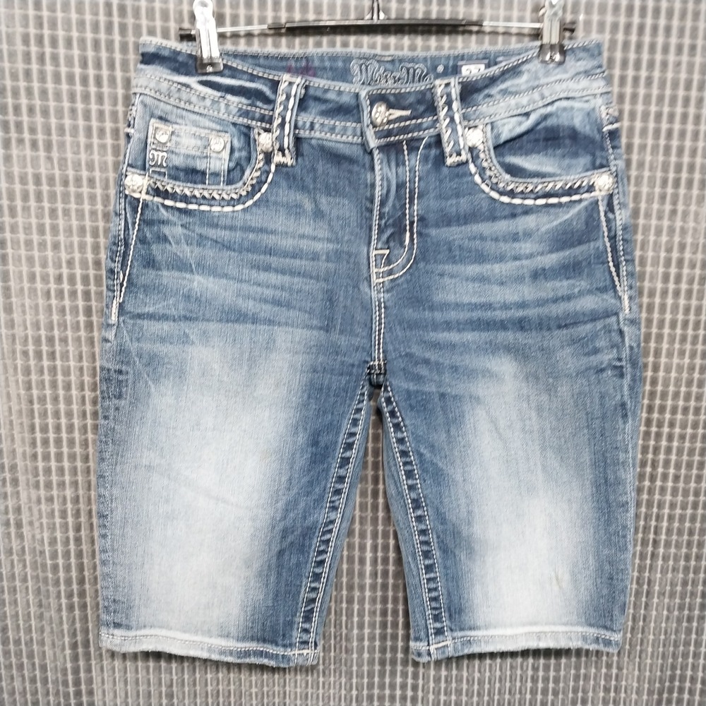 Miss Me Bermuda Shorts Women Mid-Rise Thick Stitch Rhinestone 27 Blue
